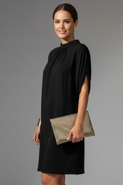 Women's Black Mini Dress - Mock Neck Slit Short Sleeve Shift