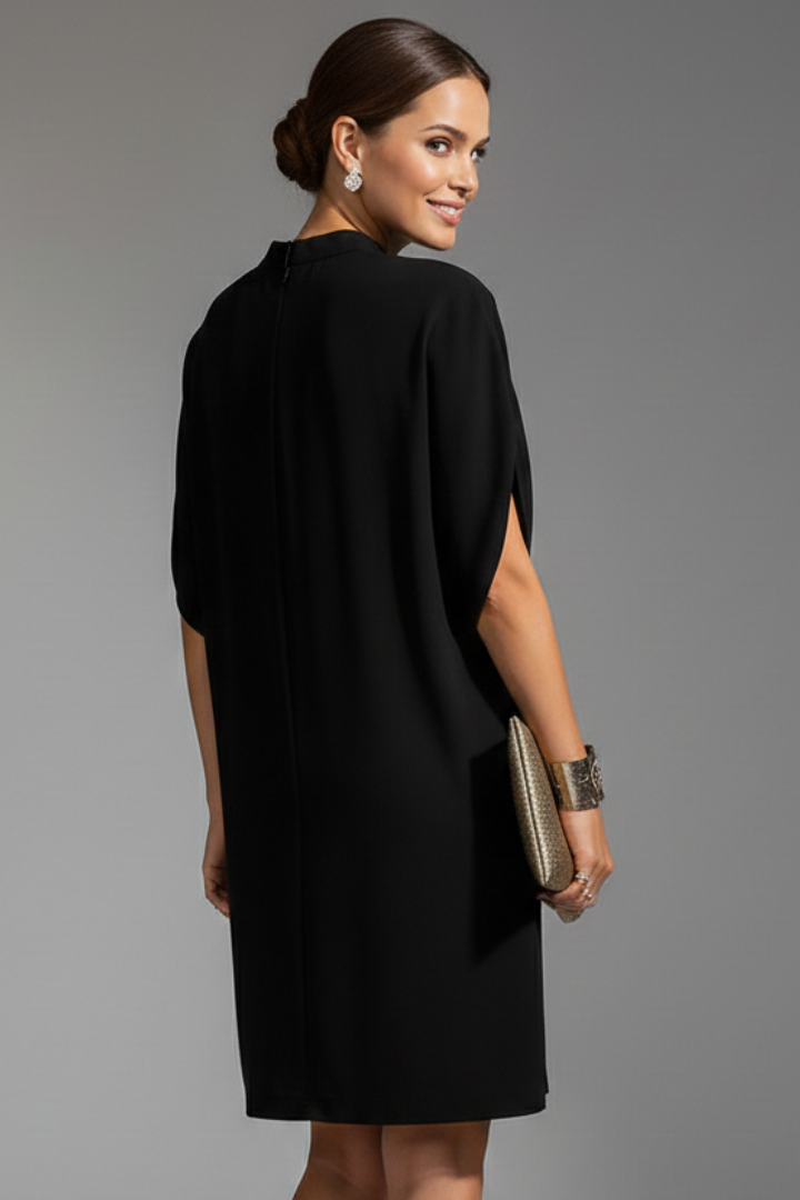 Women's Black Mini Dress - Mock Neck Slit Short Sleeve Shift