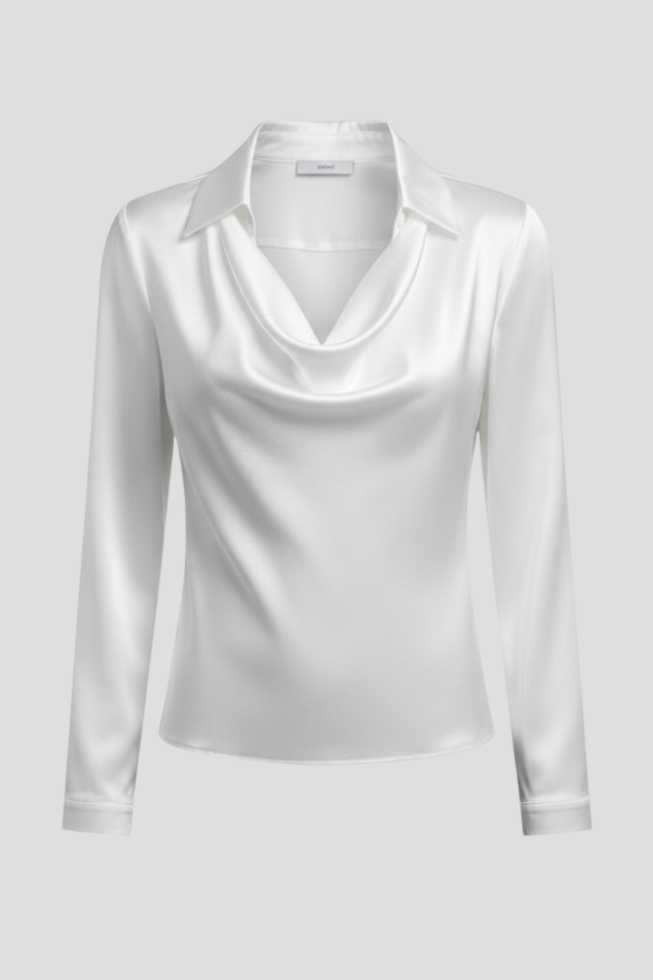 Women's Satin Blouse - Draped Collar Long Sleeve Elegant Top