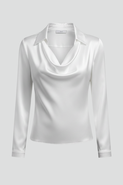 Women's Satin Blouse - Draped Collar Long Sleeve Elegant Top