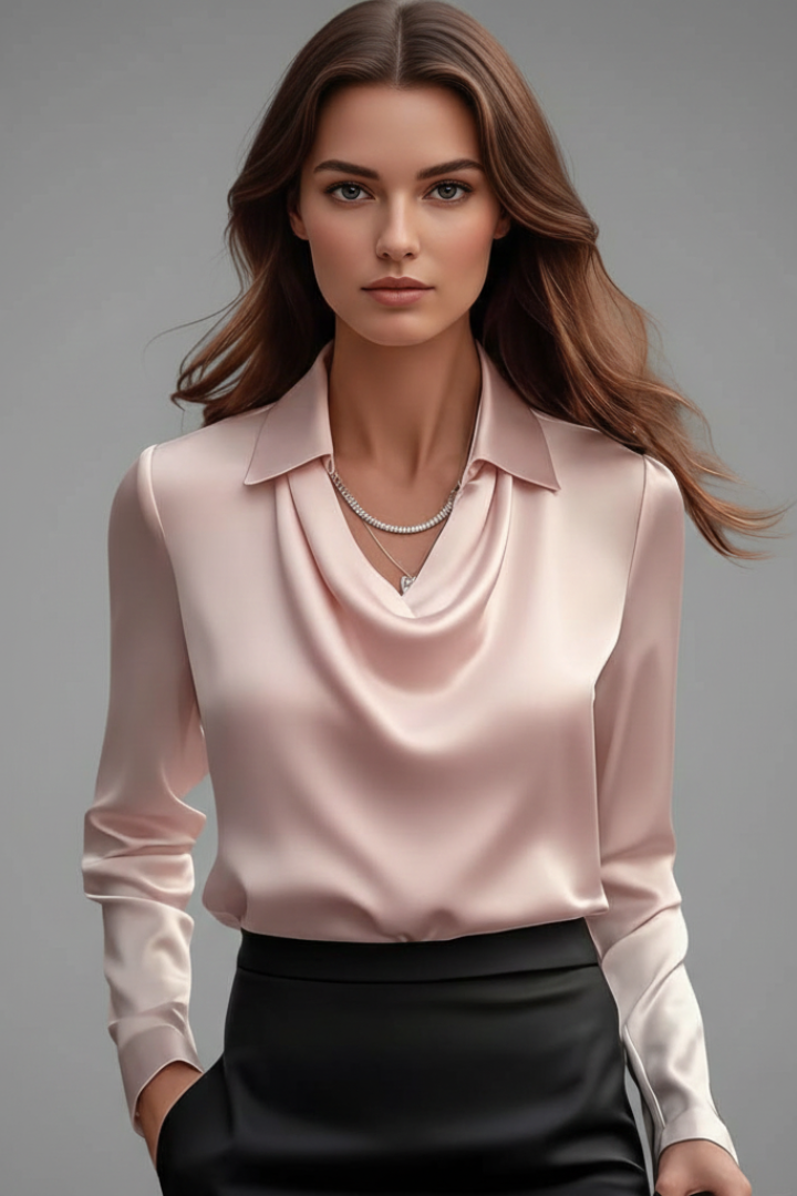Women's Satin Blouse - Draped Collar Long Sleeve Elegant Top