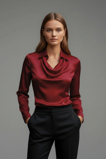 Women's Satin Blouse - Draped Collar Long Sleeve Elegant Top