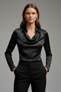 Women's Satin Blouse - Draped Collar Long Sleeve Elegant Top