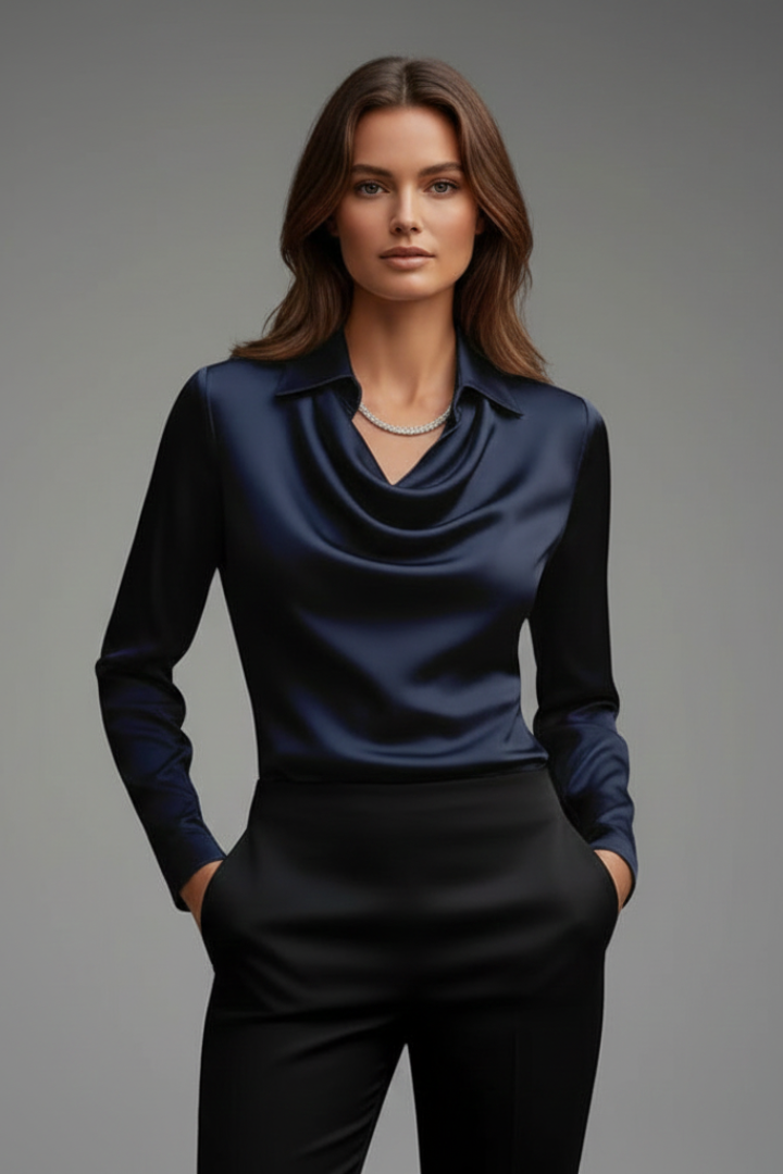 Women's Satin Blouse - Draped Collar Long Sleeve Elegant Top