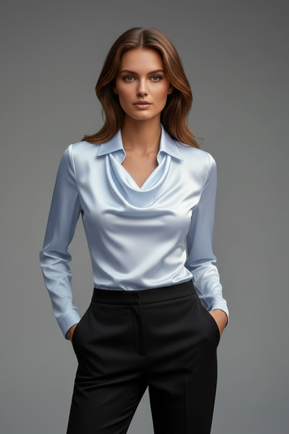 Women's Satin Blouse - Draped Collar Long Sleeve Elegant Top