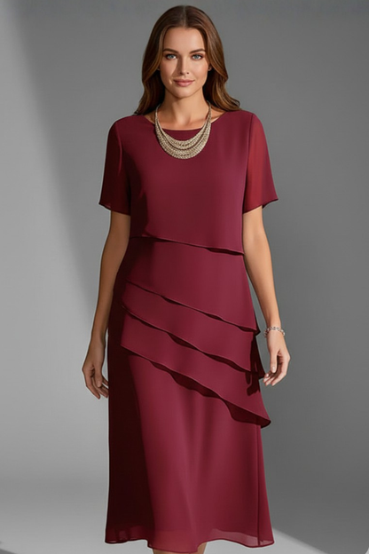 Women's Layered Front Dress - Short Sleeve Knee Length Shift