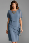 Women's Layered Front Dress - Short Sleeve Knee Length Shift