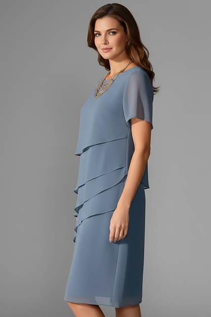 Women's Layered Front Dress - Short Sleeve Knee Length Shift