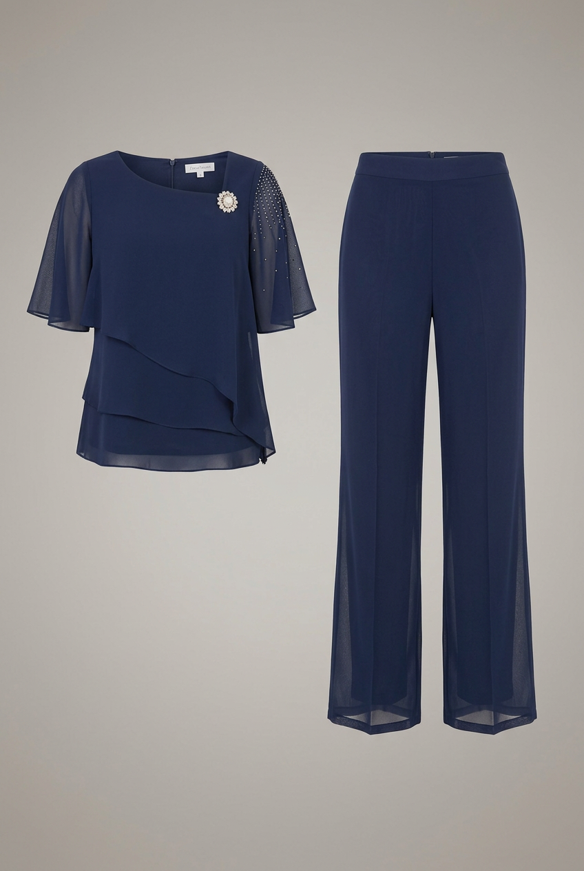 Women's Layered Top and Straight Leg Pants Set - Two Piece