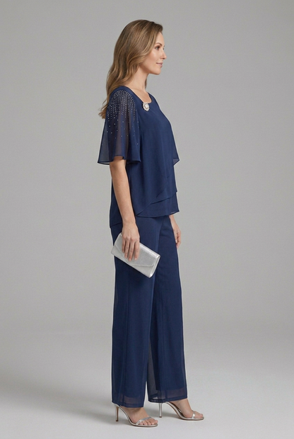 Women's Layered Top and Straight Leg Pants Set - Two Piece