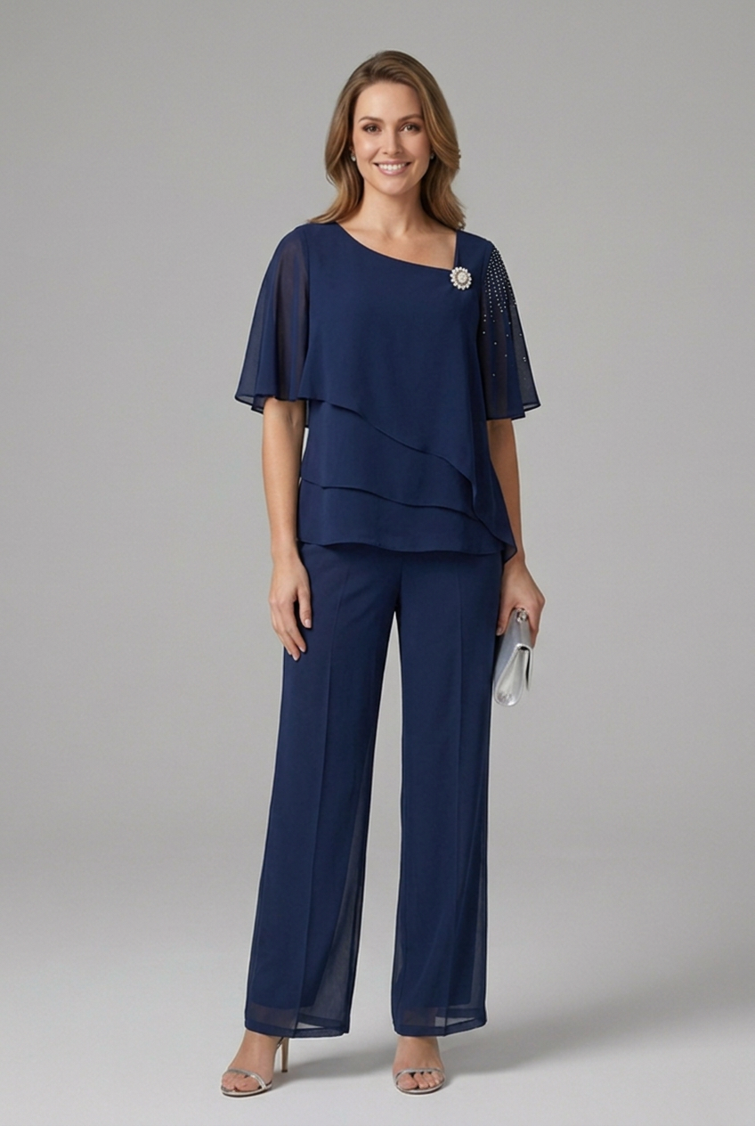Women's Layered Top and Straight Leg Pants Set - Two Piece