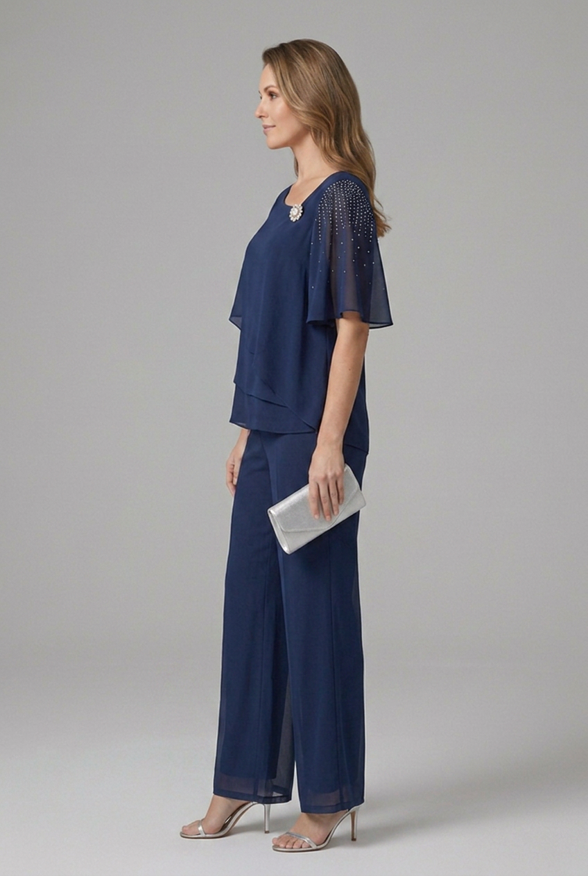 Women's Layered Top and Straight Leg Pants Set - Two Piece