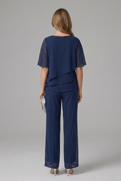 Women's Layered Top and Straight Leg Pants Set - Two Piece