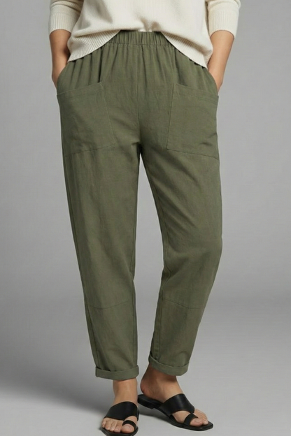Women's Elastic Waist Trousers - Tapered Ankle Pants Pockets
