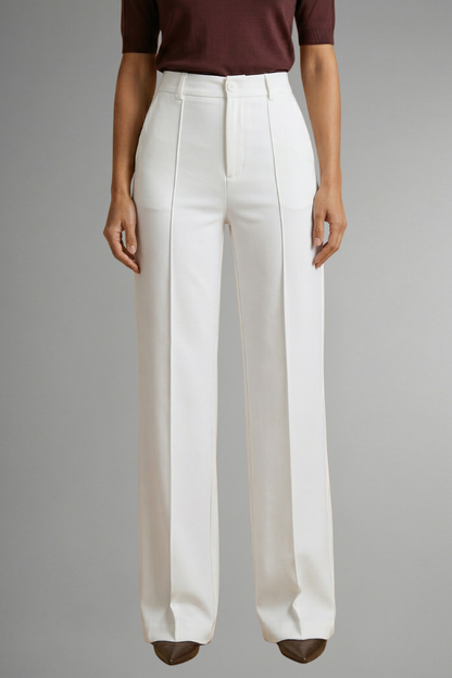 Women's High Waist Straight Leg Trousers - Pull-On Stretch