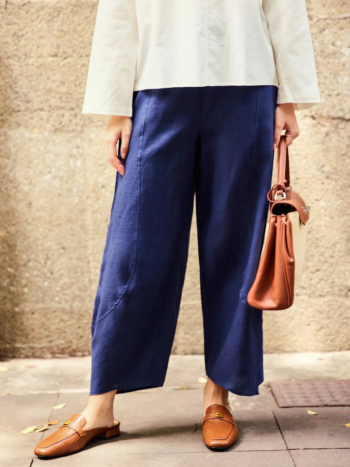 Women's 100% Linen Wide Leg Pants - Full Elastic Waist