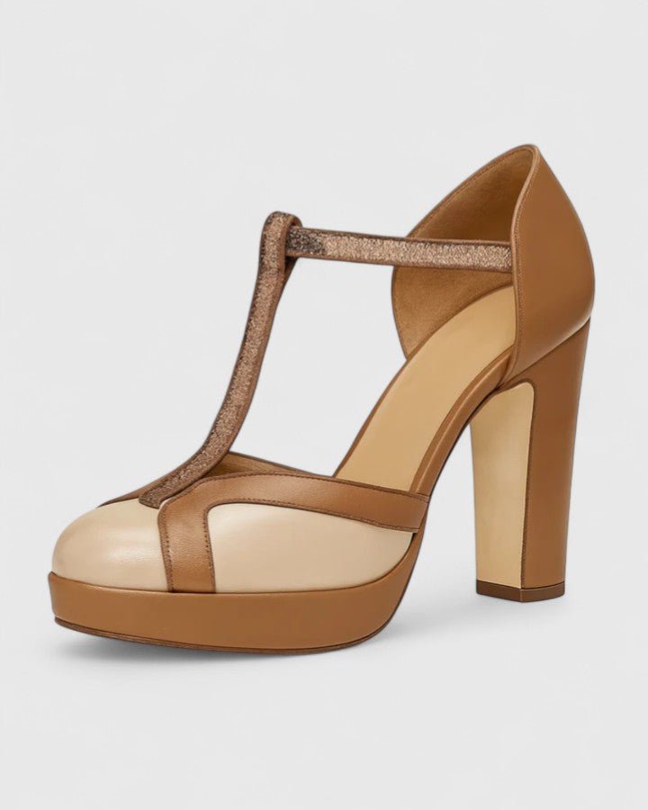 Women's Retro T-Strap Heels - Closed Round Toe Block Heels