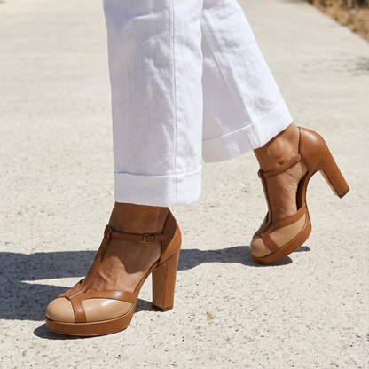 Women's Retro T-Strap Heels - Closed Round Toe Block Heels