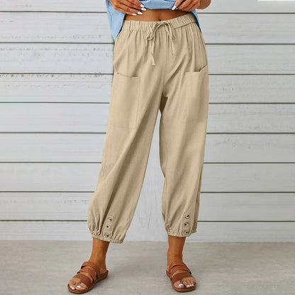 Women's Drawstring Cropped Trousers - Relaxed Cotton Linen