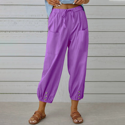 Women's Drawstring Cropped Trousers - Relaxed Cotton Linen