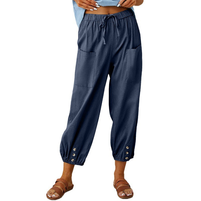 Women's Drawstring Cropped Trousers - Relaxed Cotton Linen
