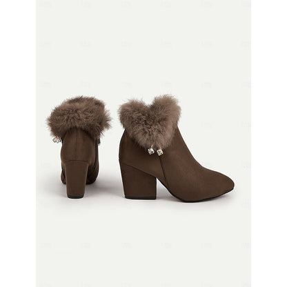 Women's Fur-Trimmed Ankle Boots - Pointed Toe Block Heel