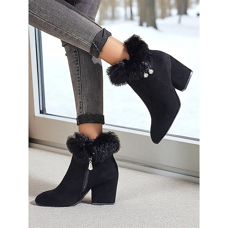 Women's Fur-Trimmed Ankle Boots - Pointed Toe Block Heel