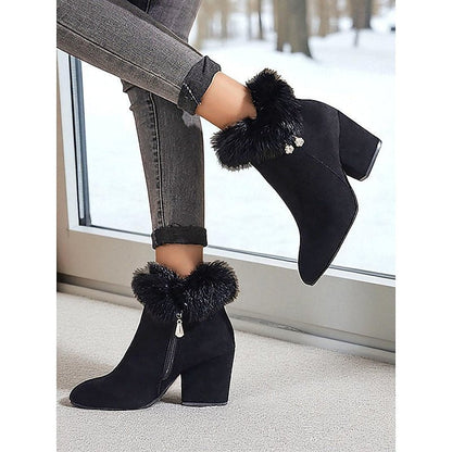 Women's Fur-Trimmed Ankle Boots - Pointed Toe Block Heel