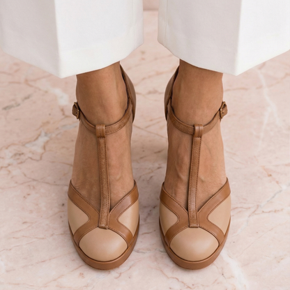 Women's Retro T-Strap Heels - Closed Round Toe Block Heels