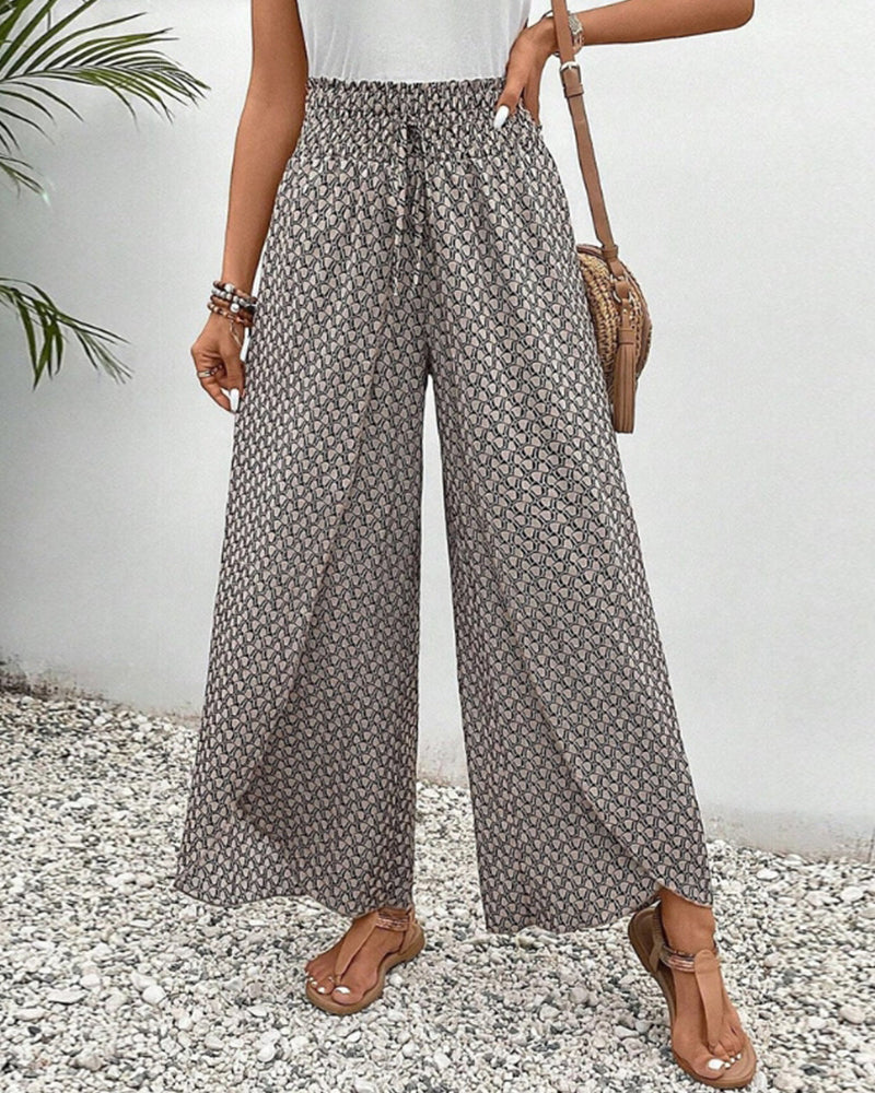 Women's Linen Wide Leg Trousers - Elastic Drawstring Waist