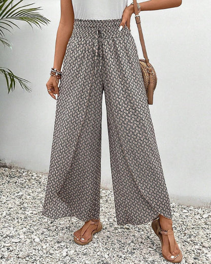 Women's Linen Wide Leg Trousers - Elastic Drawstring Waist