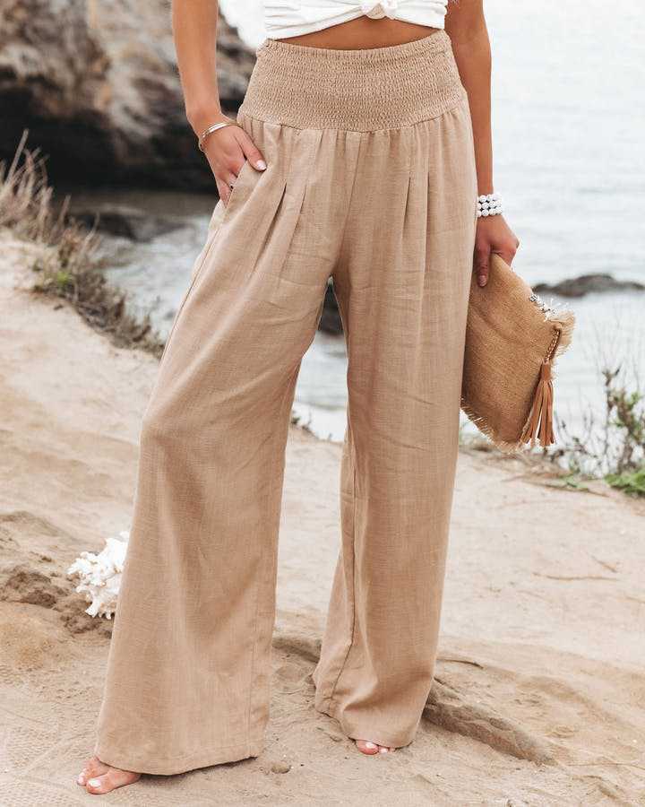 Women's Linen Wide Leg Beach Pants - Relaxed Summer Trousers