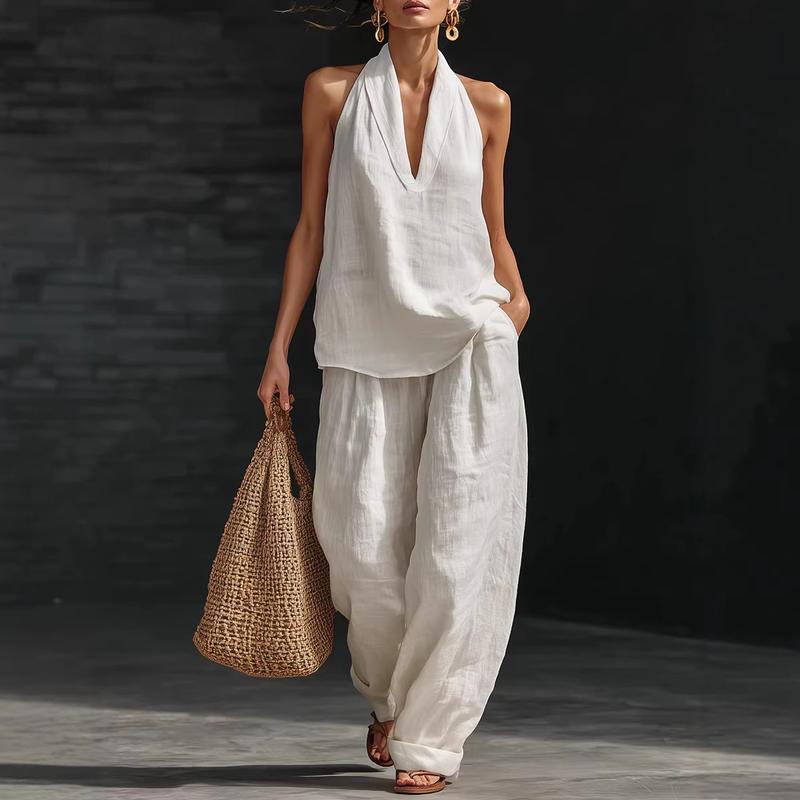 Linen Halter Tank and Wide Leg Pants Set - Women's Co-Ord