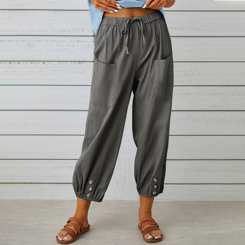 Women's Drawstring Cropped Trousers - Relaxed Cotton Linen