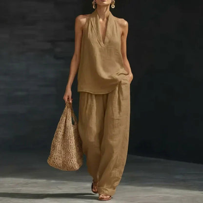 Linen Halter Tank and Wide Leg Pants Set - Women's Co-Ord