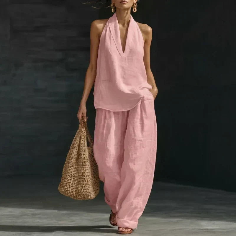 Linen Halter Tank and Wide Leg Pants Set - Women's Co-Ord