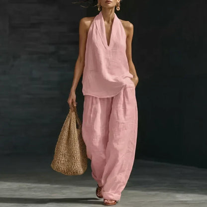 Linen Halter Tank and Wide Leg Pants Set - Women's Co-Ord