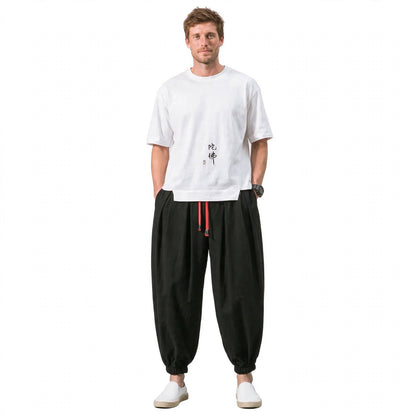 Men's Cotton Linen Cropped Pants - Loose Drawstring Trousers