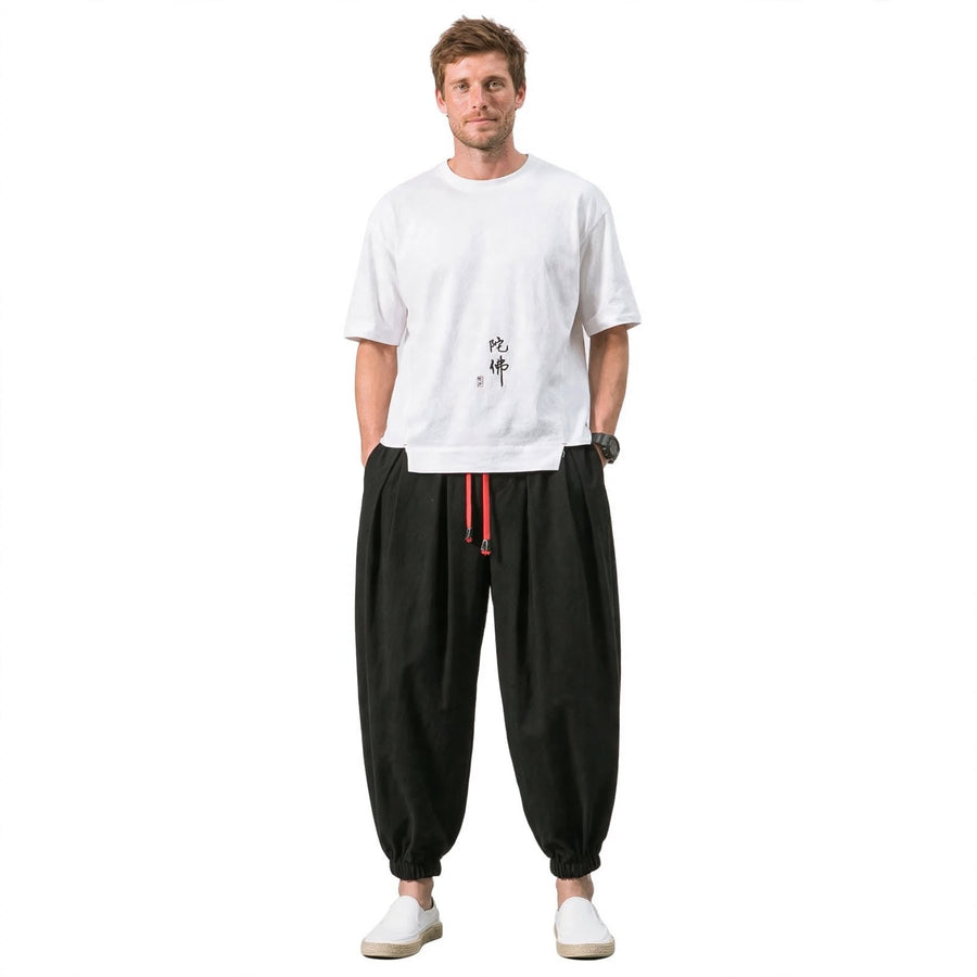 Men's Cotton Linen Cropped Pants - Loose Drawstring Trousers
