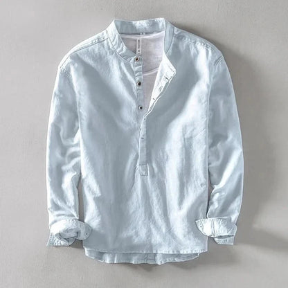 Men's Linen Mandarin Collar Shirt - Relaxed Long Sleeve Top