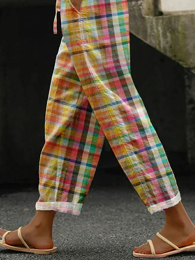 Women's Checkered Linen Trousers - Plaid Summer Pants