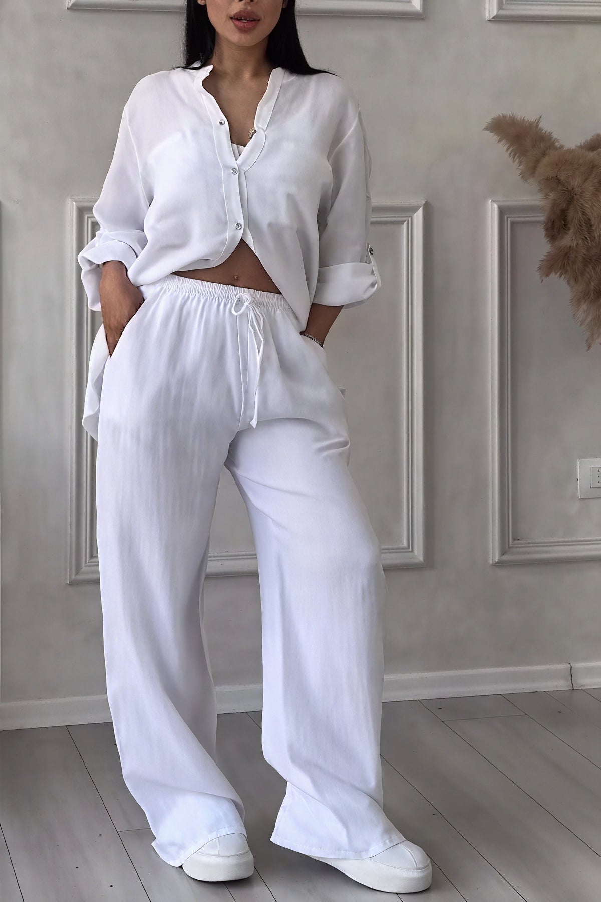 Women's Linen Look Wide Leg Two Piece Set - Summer Co-Ord