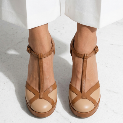 Women's Retro T-Strap Heels - Closed Round Toe Block Heels