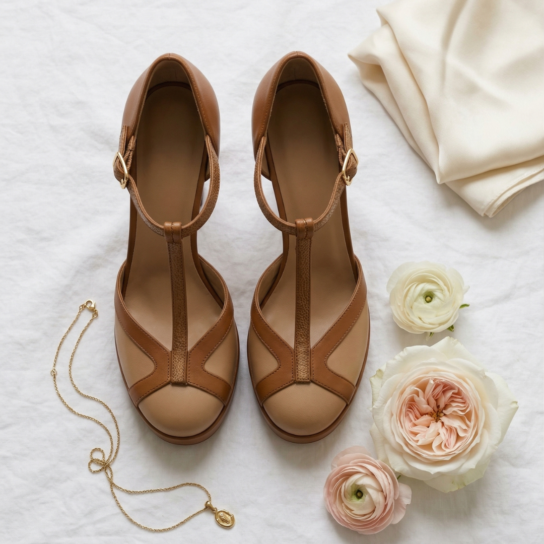 Women's Retro T-Strap Heels - Closed Round Toe Block Heels