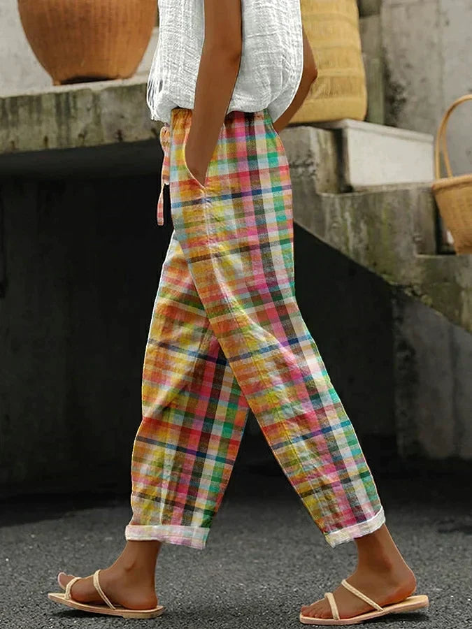 Women's Checkered Linen Trousers - Plaid Summer Pants