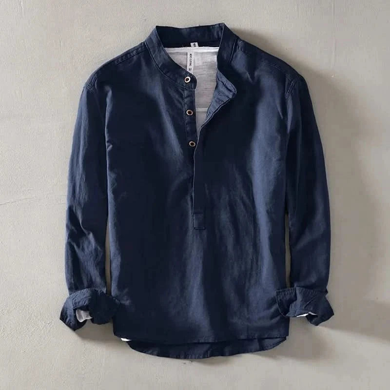 Men's Linen Mandarin Collar Shirt - Relaxed Long Sleeve Top