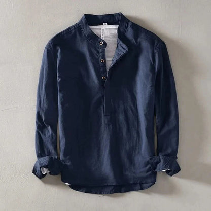 Men's Linen Mandarin Collar Shirt - Relaxed Long Sleeve Top