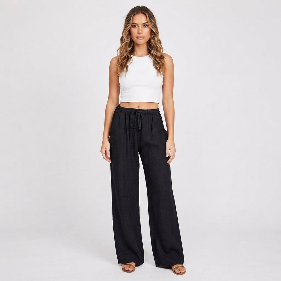 Women's Linen Blend Wide Leg Trousers - Relaxed Casual Pants
