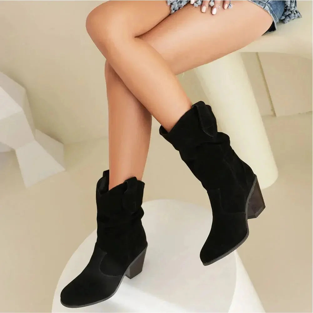 Retro Suede Slouchy Cowboy Boots - Chunky Heel Western Boots