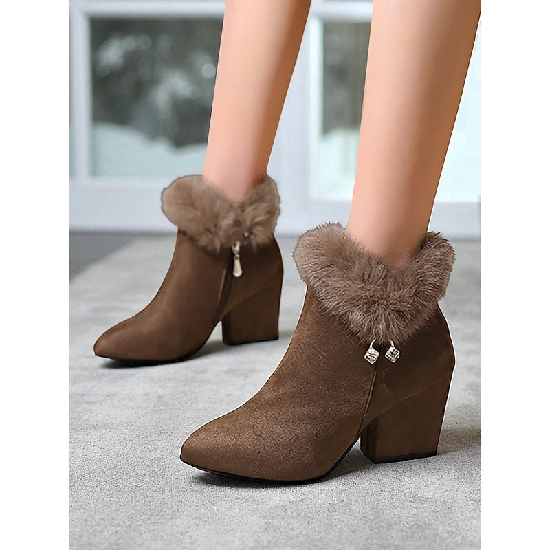 Women's Fur-Trimmed Ankle Boots - Pointed Toe Block Heel